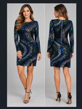 NWT Intempo Sequin Small Black Blue Green Silver Long Sleeve Party Dress
